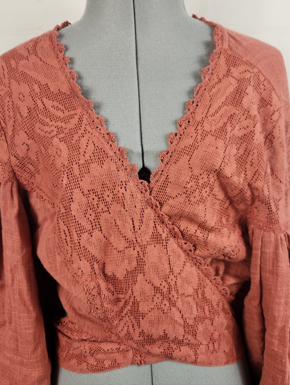 Free People Dolly Wrap Top Terra Cotta Lace Boho Balloon Sleeve Crop Blouse L - Picture 8 of 16